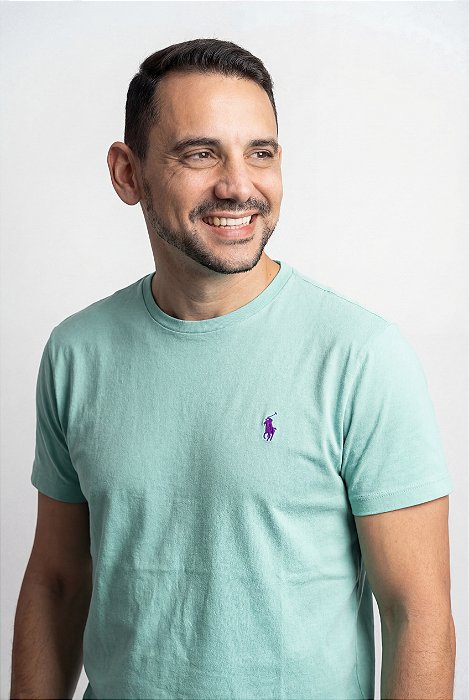 Camiseta Ralph Lauren Masculina Custom Slim Fit Verde Água Pony Roxo