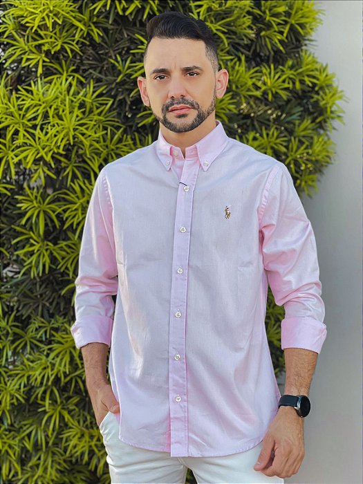 Camisa Ralph Lauren Manga Longa Oxford Rosa Bebê Pony Colorido