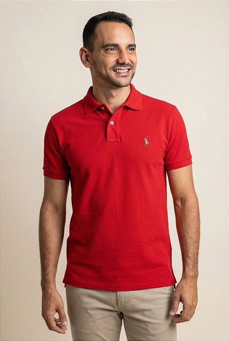 Camisa Polo Ralph Lauren Masculina Custom Fit Vermelho Red Pony Colorido