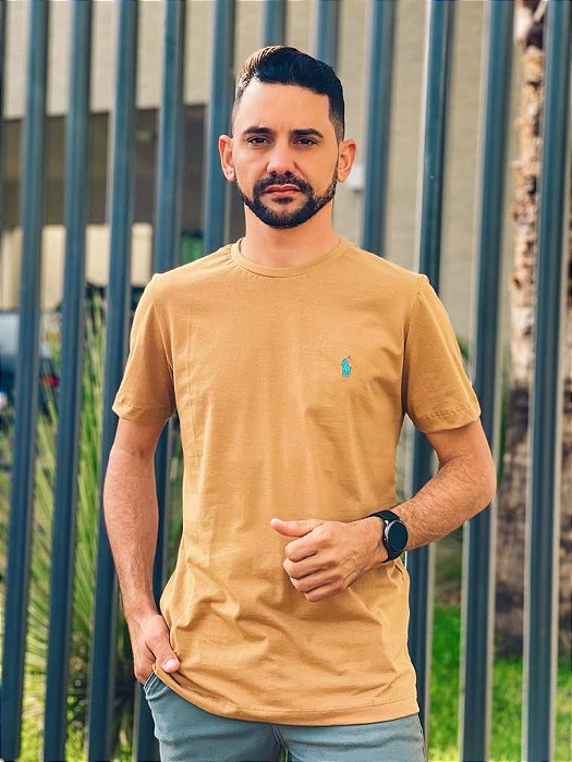 Camiseta Ralph Lauren Masculina Custom Slim Fit Pão de Mel Pony Azul Celeste