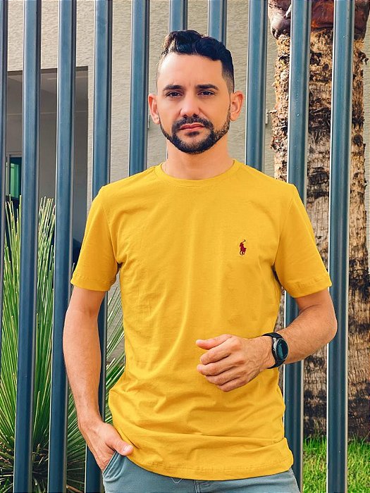 Camiseta Ralph Lauren Masculina Custom Slim Fit Madeira Ocre Pony Rubi