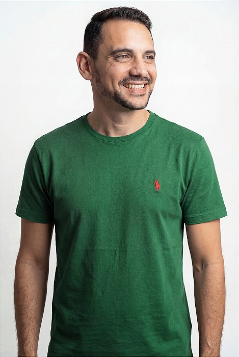 Camiseta Ralph Lauren Masculina Custom Slim Fit Verde Selva Pony Vermelho