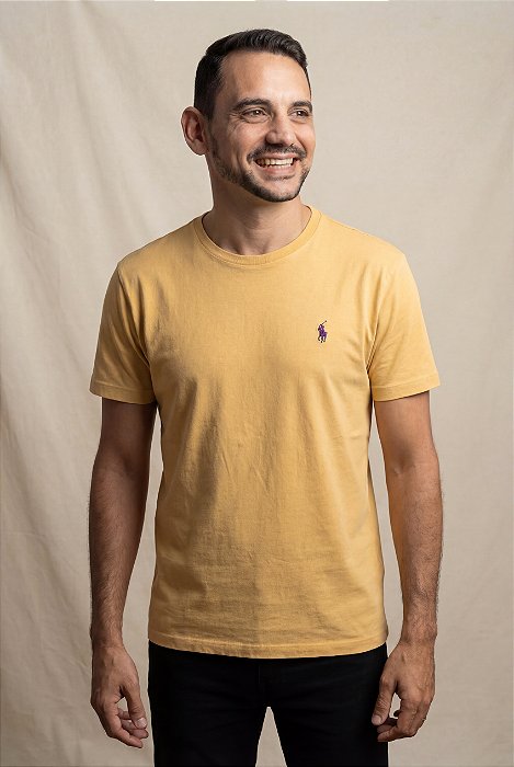 Camiseta Ralph Lauren Masculina Custom Slim Fit Amarelo Claro Pony Roxo