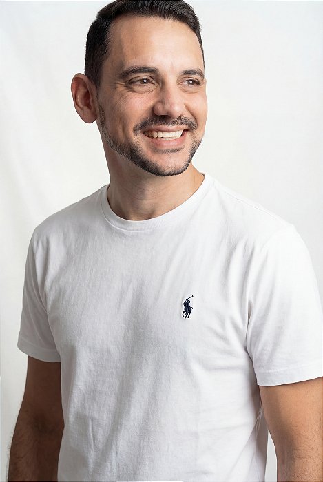 Camiseta Ralph Lauren Masculina Custom Slim Fit Branca Pony Azul Noite