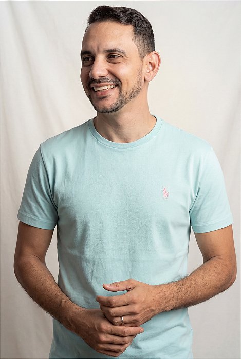 Camiseta Ralph Lauren Masculina Custom Slim Fit Azul Bebê Pony Rosa Bebê