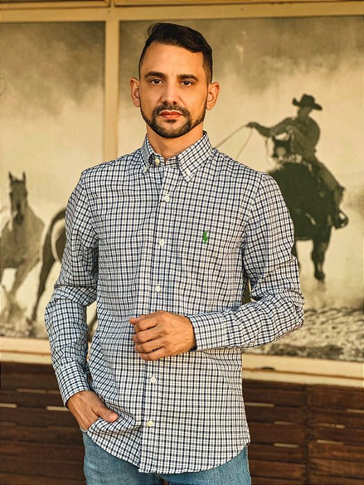 Camisa Ralph Lauren Masculina Manga Longa Custom Fit Xadrez Azul