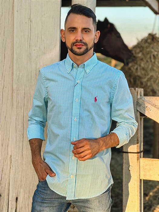 Camisa Ralph Lauren Masculina Manga Longa Custom Fit Micro Xadrez Azul Piscina Pony Pink
