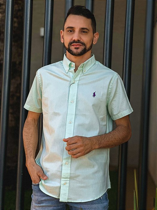 Camisa Ralph Lauren Masculina Manga Curta Custom Fit Oxford Verde Menta Pony Roxo