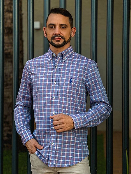 Camisa Ralph Lauren Masculina Manga Longa Custom Fit Xadrez Espaçado Ameixa Pony Azul