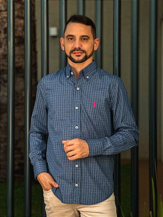 Camisa Ralph Lauren Masculina Manga Longa Custom Fit Xadrez Quadriculado Milimetrado Azul Marinho Pony Pink
