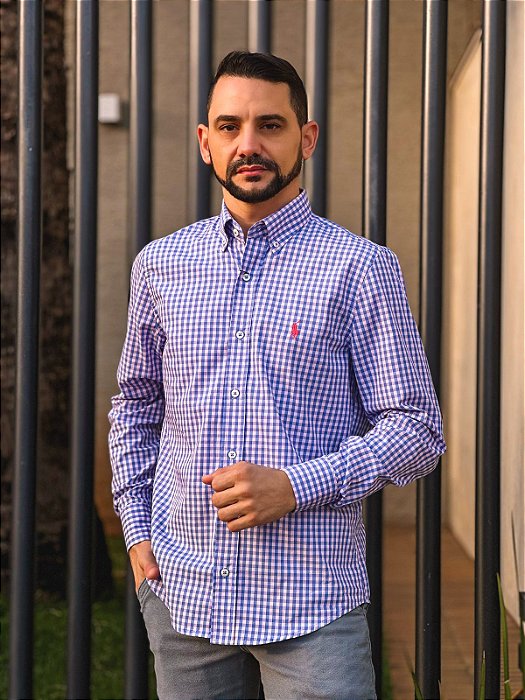 Camisa Ralph Lauren Masculina Manga Longa Custom Fit Xadrez Pequeno Rosa Bebê C/ Azul Pony Salmão