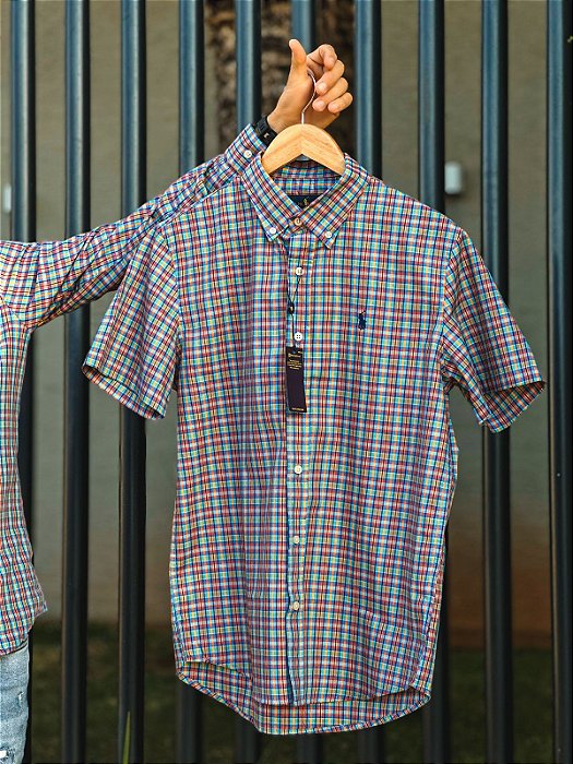 Camisa Ralph Lauren Masculina Manga Curta Custom Fit Xadrez Madras Rainbow Pony Azul Marinho