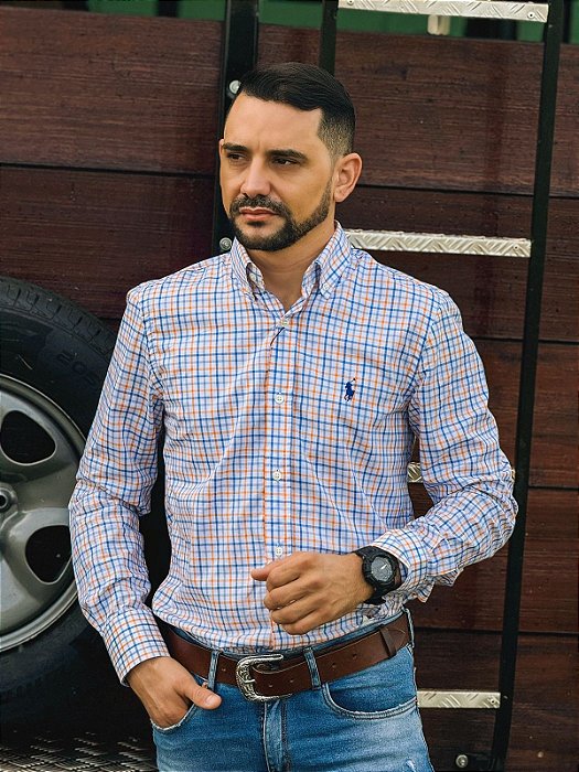 Camisa Ralph Lauren Masculina Manga Longa Custom Fit Xadrez Madras Laranja Pony Azul Bic