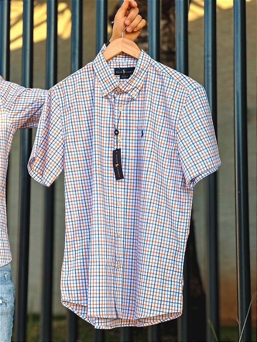 Camisa Ralph Lauren Masculina Manga Curta Custom Fit Xadrez Madras Laranja Pony Azul Bic