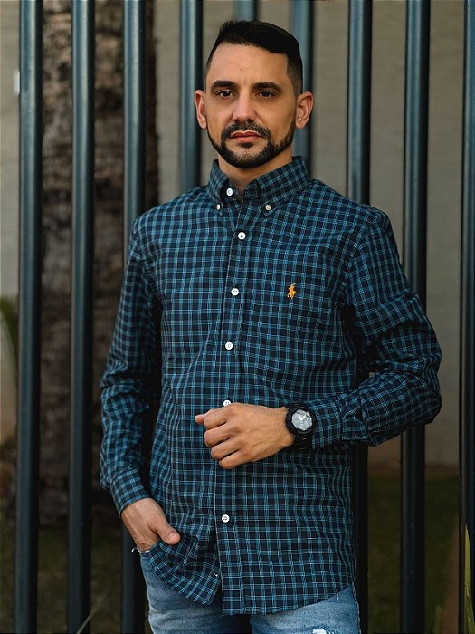 Camisa Ralph Lauren Masculina Manga Longa Custom Fit Xadrez Espaçado Preta Pony Laranja