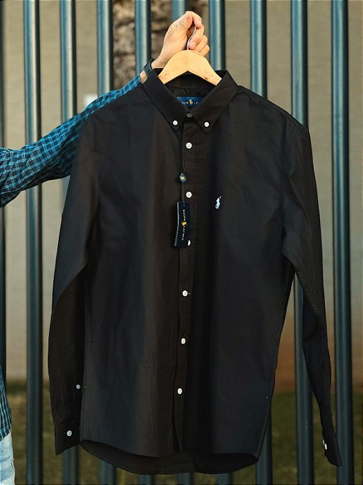 Camisa Ralph Lauren Manga Longa Oxford Preta Pony Branco