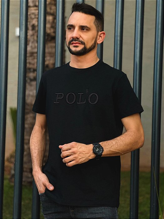 Camiseta Polo Ralph Lauren Preta Slim Fit Bordado Monocromático