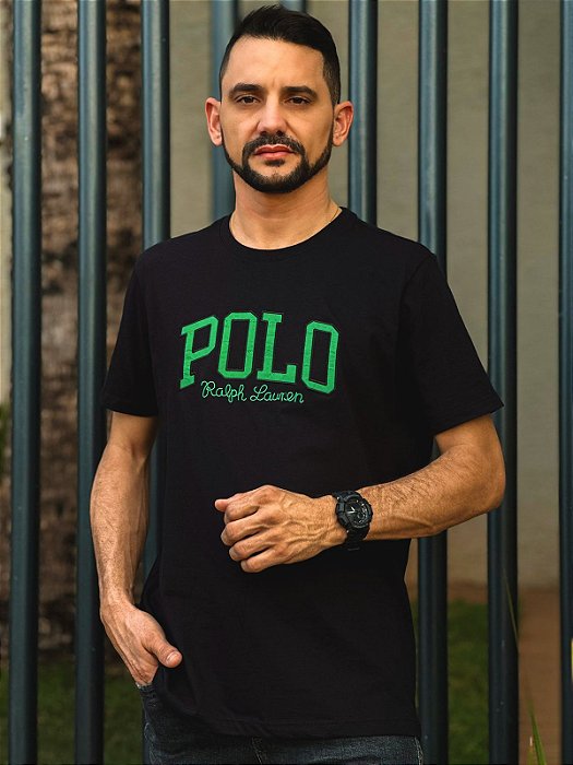 Camiseta Polo Ralph Lauren Preta Slim Fit Bordado Verde