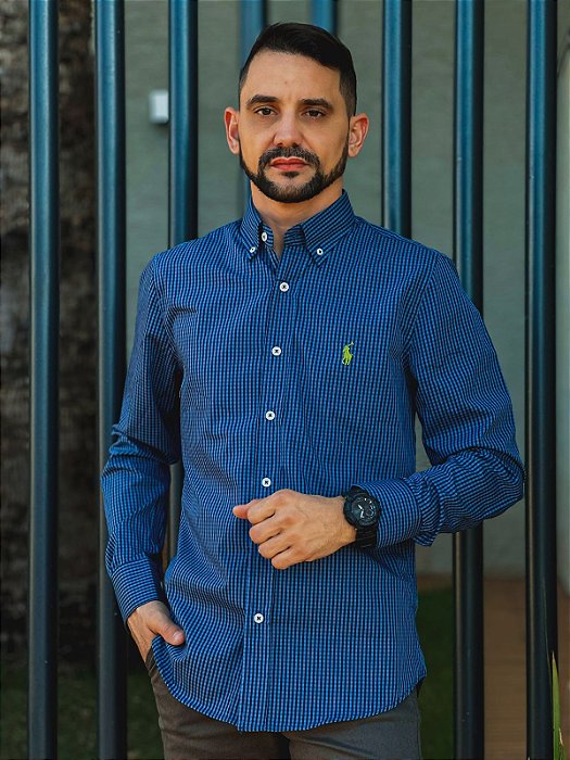 Camisa Ralph Lauren Masculina Custom Fit Micro Xadrez Azul Oxford Pony Verde Lima