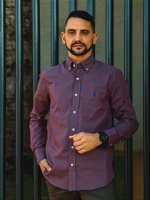 Camisa Ralph Lauren Masculina Custom Fit Micro Xadrez Azul e Bordô c/ Fundo Laranja Pony Azul Bic