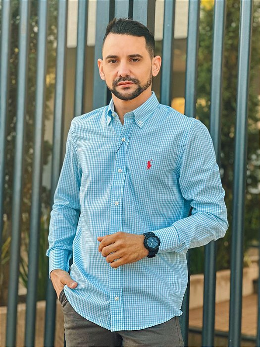 Camisa Ralph Lauren Masculina Manga Longa Custom Fit Micro Xadrez Azul Piscina Pony Salmão