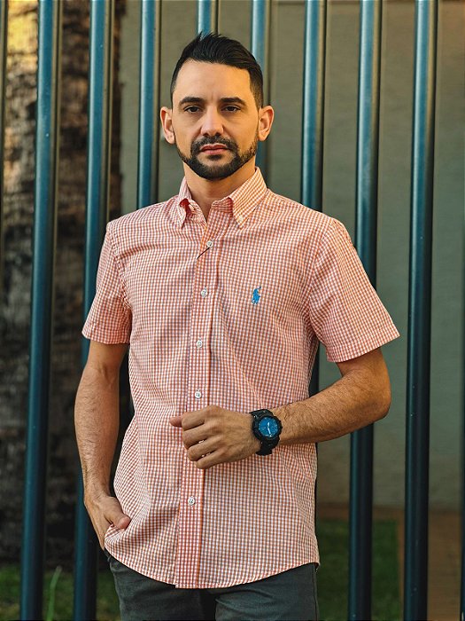 Camisa Ralph Lauren Masculina Manga Curta Custom Fit Micro Xadrez Laranja Pony Azul Celeste