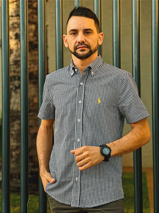 Camisa Ralph Lauren Masculina Manga Curta Custom Fit Micro Xadrez Preta Pony Amarelo