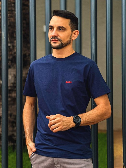Camiseta Boss Azul Marinho Em Cotton Egípcio Logotipo Na Cor Vermelha