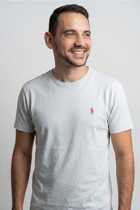 Camiseta Ralph Lauren Masculina Custom Slim Fit Azul Bebê Pony Pink