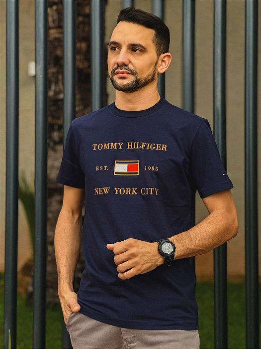 Camiseta Tommy Hilfiger Masculina Regular Fit Em Algodão Egípcio New York  City Azul Marinho