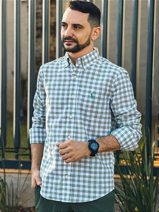 Camisa Linho Ralph Lauren Masculina Manga Longa Custom Fit Xadrez Médio Verde Menta Pony Verde Água