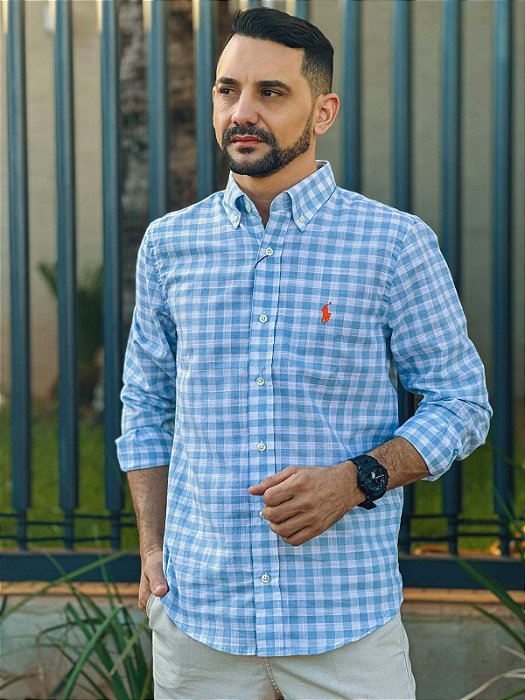 Camisa Linho Ralph Lauren Masculina Manga Longa Custom Fit Xadrez Médio Azul Clara Pony Laranja