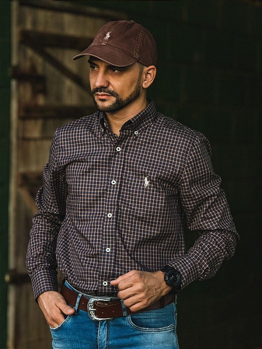 Camisa Ralph Lauren Masculina Manga Longa Custom Fit Xadrez Quadros Marrom/Preto Pony Creme