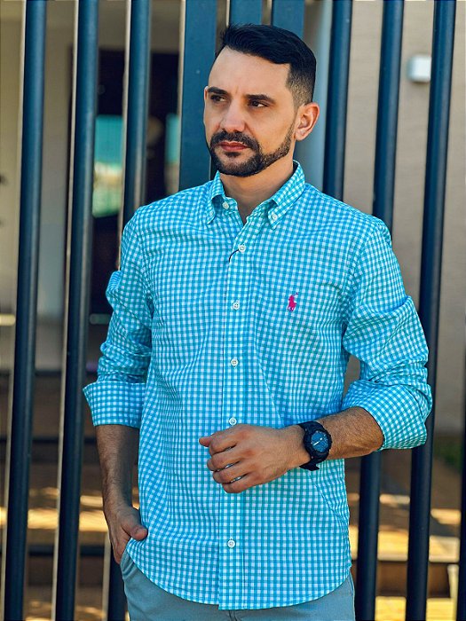Camisa Ralph Lauren Masculina Manga Longa Custom Fit Xadrez Pequeno Azul Piscina Pony Pink