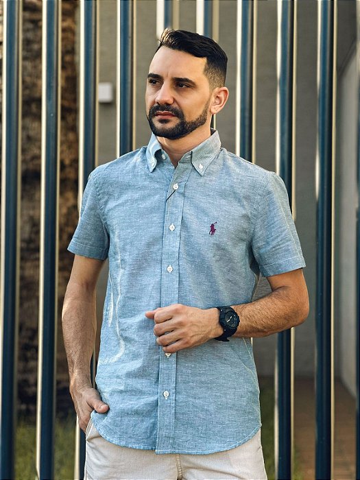 Camisa Ralph Lauren Manga Curta Linho Puro Verde Malva Pony Vinho