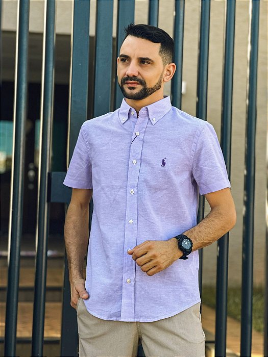 Camisa Ralph Lauren Manga Curta Linho Puro Lavanda Pony Roxo