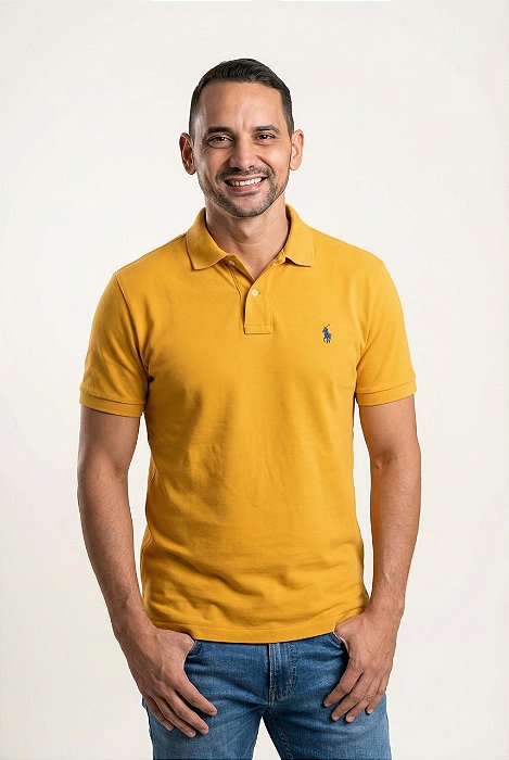 Camisa Polo Ralph Lauren Masculina Custom Fit Amarelo Ouro Pony Azul Bic