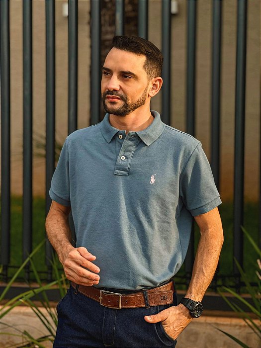 Camisa Polo Ralph Lauren Masculina Custom Fit Cinza Tempestade Pony Rosa Bebê
