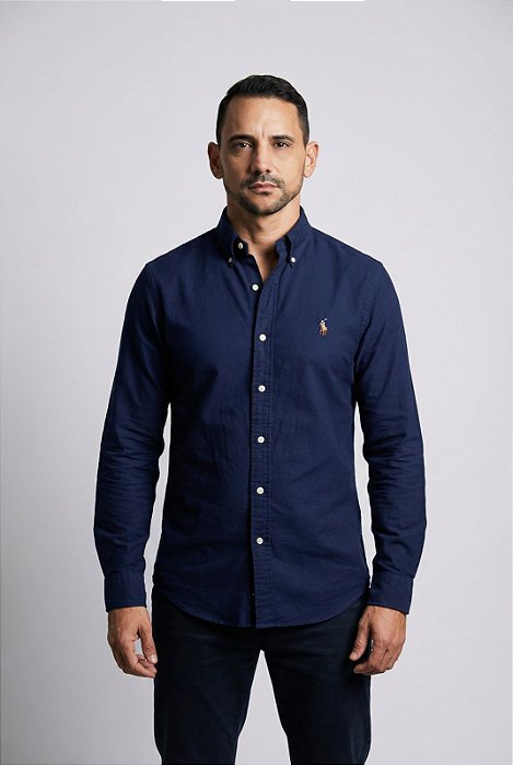 Camisa Ralph Lauren Manga Longa Oxford Azul Marinho Pony Colorido