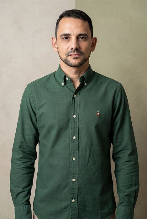 Camisa Ralph Lauren Manga Longa Oxford Verde Musgo Pony Colorido