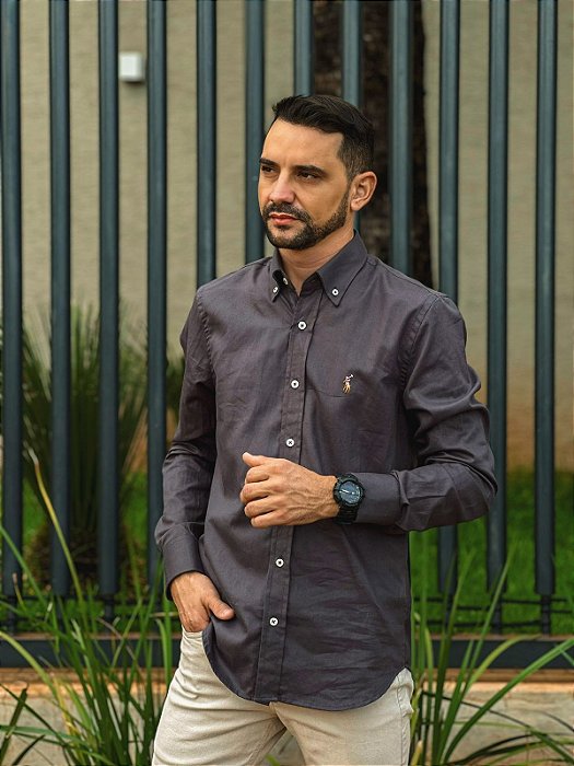 Camisa Ralph Lauren Manga Longa Oxford Cinza Chumbo Pony Colorido