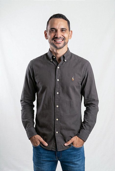 Camisa Ralph Lauren Manga Longa Oxford Cinza Chumbo Pony Colorido