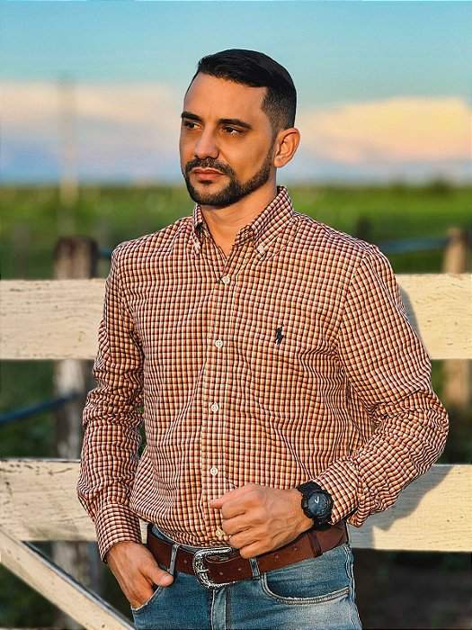 Camisa Ralph Lauren Masculina Manga Longa Custom Fit Xadrez Madras Laranja/Amarelo/Preto Pony Preto