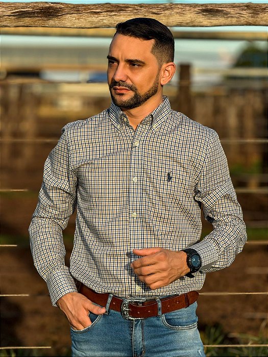 Camisa Ralph Lauren Masculina Manga Longa Custom Fit Xadrez Madras Marrom Caramelo/Azul Marinho Pony Azul Marinho