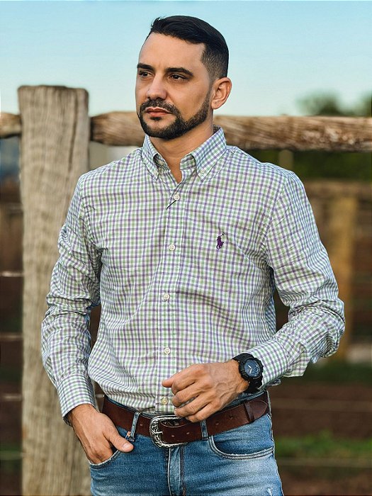 Camisa Ralph Lauren Masculina Manga Longa Custom Fit Xadrez Madras Verde Lima/Lilás Pony Lilás