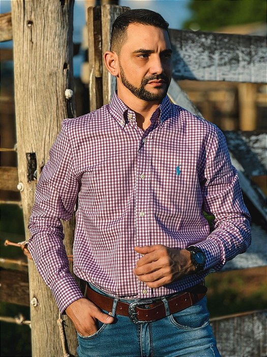 Camisa Ralph Lauren Masculina Manga Longa Custom Fit Xadrez Pequeno Roxa Pony Azul Celeste