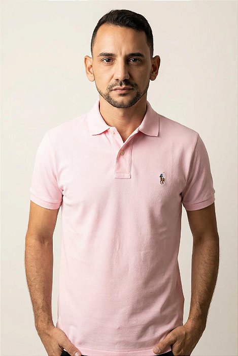 Camisa Polo Ralph Lauren Masculina Custom Fit Rosa Bebê Pony Colorido