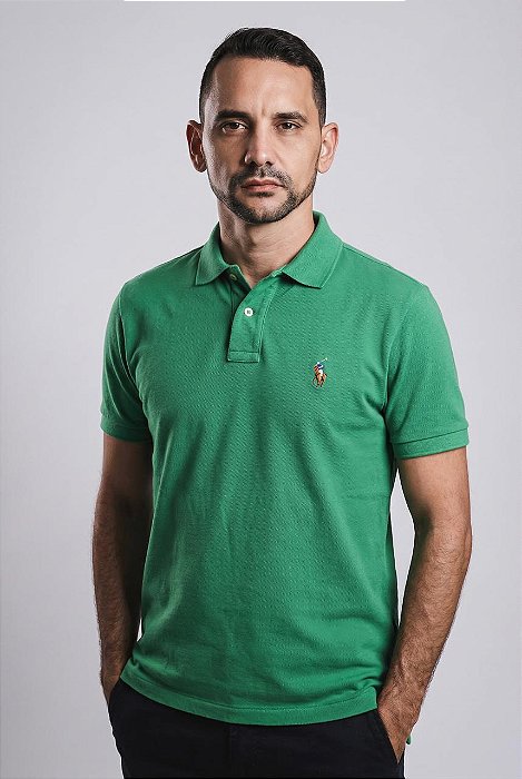 Camisa Polo Ralph Lauren Masculina Custom Fit Verde Folha Pony Colorido