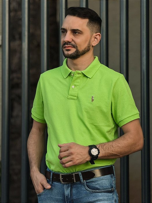 Camisa Polo Ralph Lauren Masculina Custom Fit Verde Lima Pony Colorido