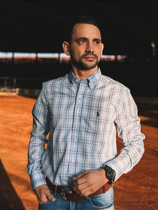 Camisa Ralph Lauren Masculina Manga Longa Custom Fit Xadrez Madras Azul Bebê Pony Azul Marinho
